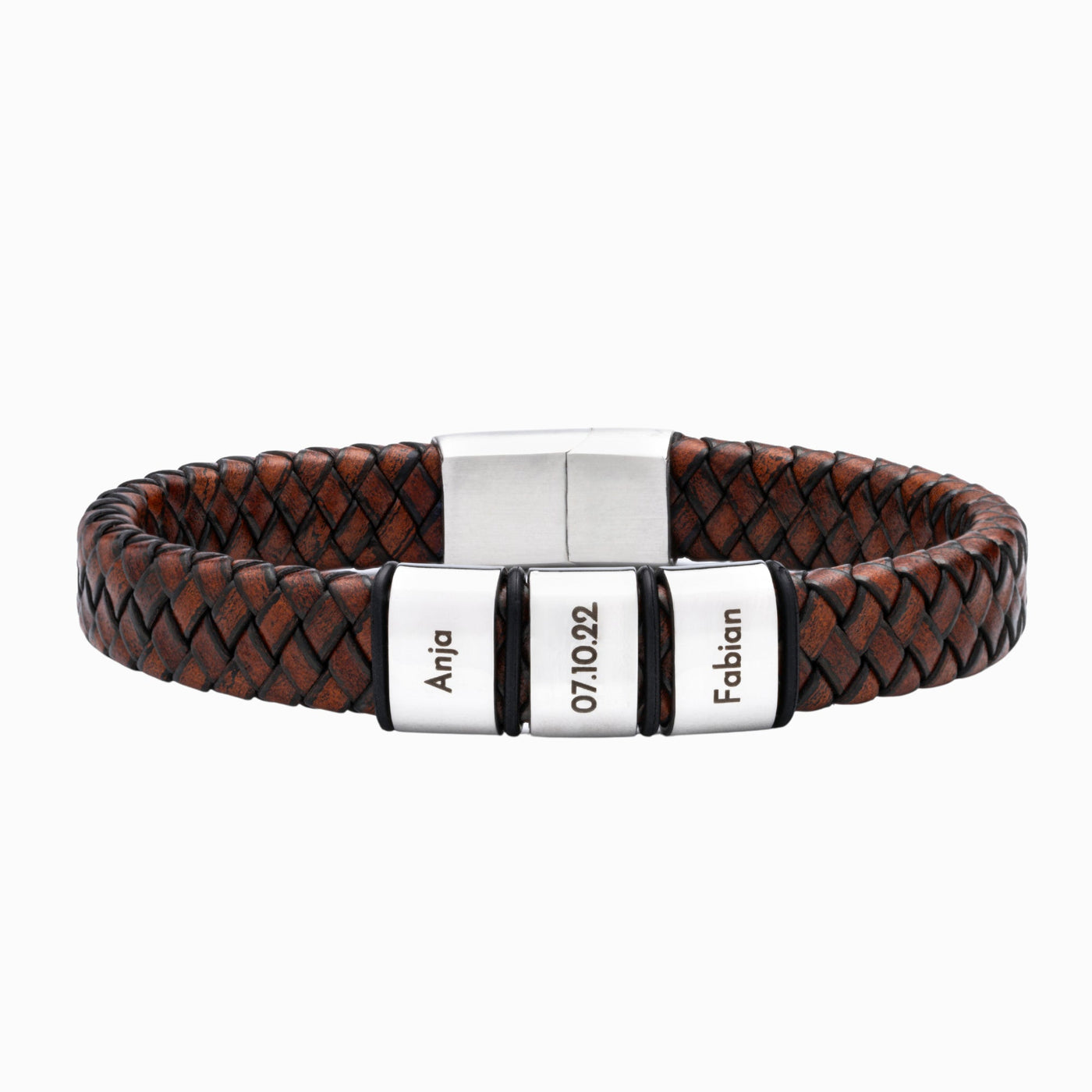 Braun Lederarmband mit gravierten silbernen Beads - OTANTO